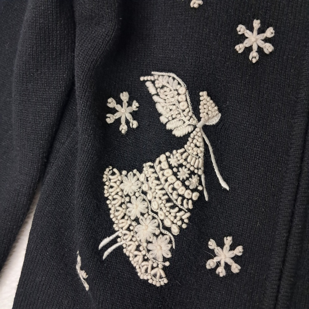 VTG Talbots Sweater Women's Medium Petite Black Angel Embroidered Wool Christmas - Picture 5 of 12